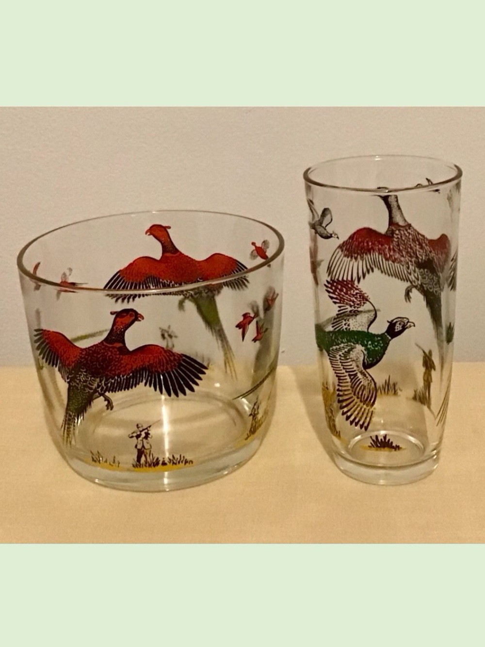 Vintage 50s Pheasant Set of Ice Bucket and Shaker